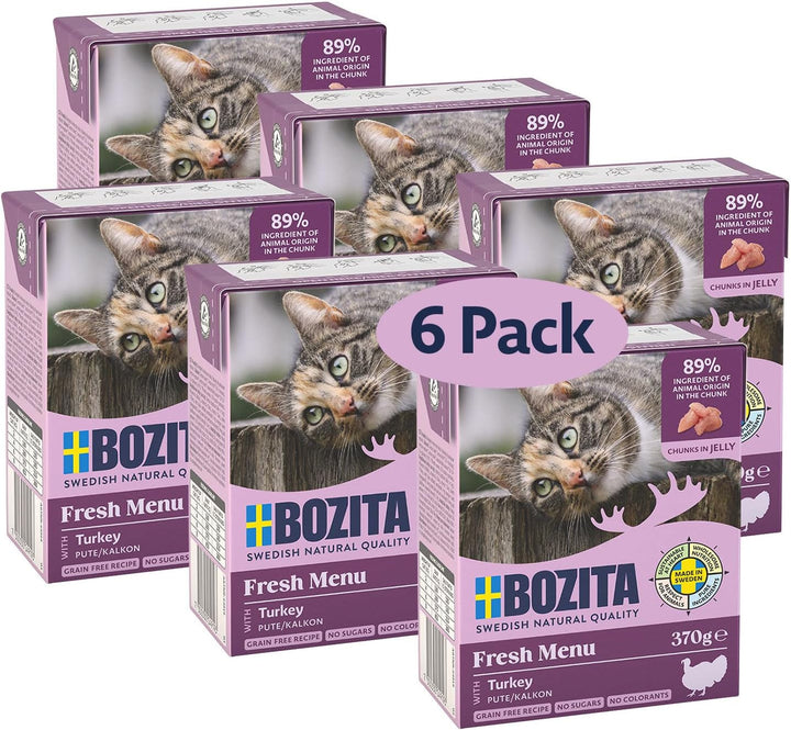 Hrană umedă Bozita Tetra cu curcan în jeleu - 6X370G Hrană pentru pisici fără cereale, fără zahăr - fără OMG, cu 7,5% proteine, 5% grăsimi - Sănătos și echilibrat pentru gurmanzi