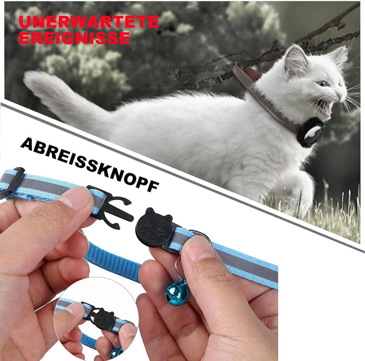 Zgardă pentru pisici Mouyou Airtag, zgardă reflectorizantă din nailon moale cu clopoțel și încuietoare de siguranță, zgardă de urmărire pentru pisici cu suport, husă Airtag reglabilă de la 22-34 cm, albastru