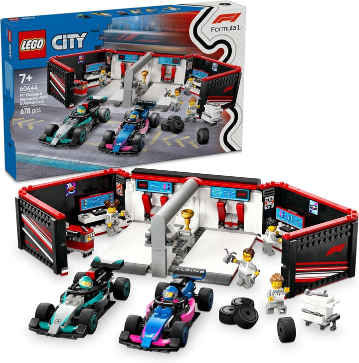 Garaj LEGO City F1 cu mașini de curse Mercedes-Amg și Alpine - Mașină de curse Formula 1 cu 2 piloți și 4 minifigurine mecanice - Cadou pentru băieți și fete 7+ și fani 60444 Seturi de constructie Besuche den LEGO-Store Titlu implicit