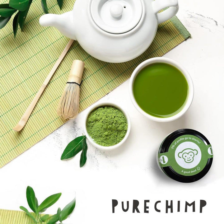 Pudră de matcha Purechimp de calitate ceremonială 50 g. Pudră de ceai 100% pură din culturi umbrite pentru latte, infuzii și rețete. Borcan reciclabil. Bogat în antioxidanți.