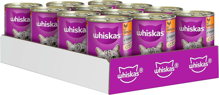 Whiskas hrană umedă pentru pisici Adult 1+ cu pui în jeleu, 12 cutii (12 X 400G)