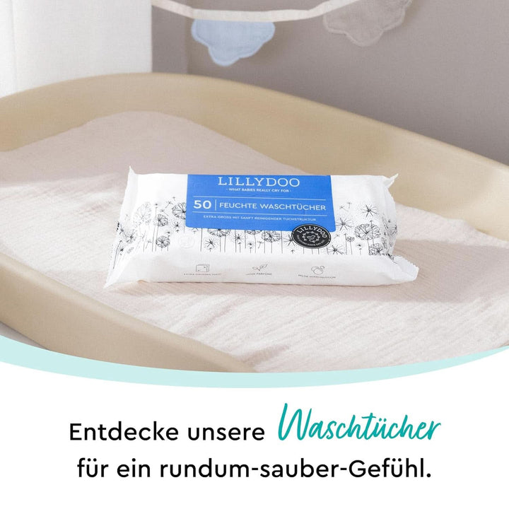 LILLYDOO Feuchte Waschtücher 350 Stück (7 X 50), 100% Plastikfrei, Extra Großes Tuch, Ohne Parfüme Naty Shop