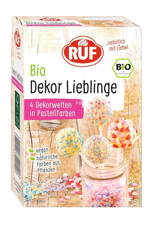 RUF Organic Dekor Lieblinge, 4 druhy barevných ozdob na pečení s posypem, cukrovými perličkami a cukrovými srdíčky, bez umělých barviv, vegan, 140 gramů