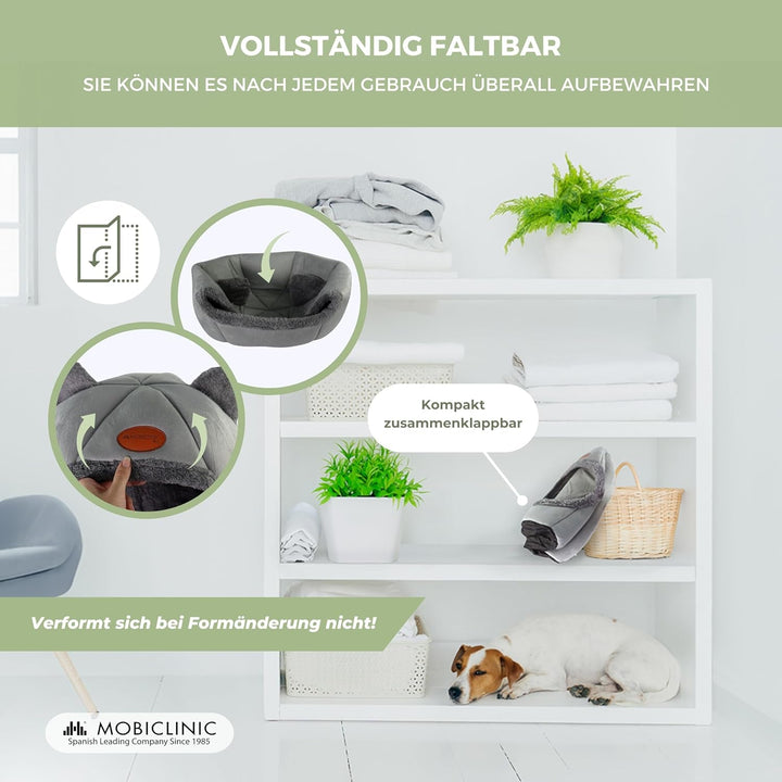 Mobiclinic® Pets, Pat pentru pisici, Cuib tip peșteră, Hellocatty, Lavabil la mașină, Ușor de pliat și depozitat, Antiderapant, Pernă detașabilă confortabilă, Spumă 25D, Design modern