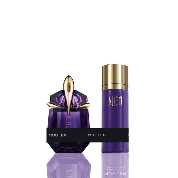 MUGLER Alien Eau De Parfum, Parfum de damă, Chihlimbar, Lemnos și Floral, Parfum excepțional, Reîncărcabil, 30 ml + MUGLER Alien Deodorant Spray parfumat, 100 ml