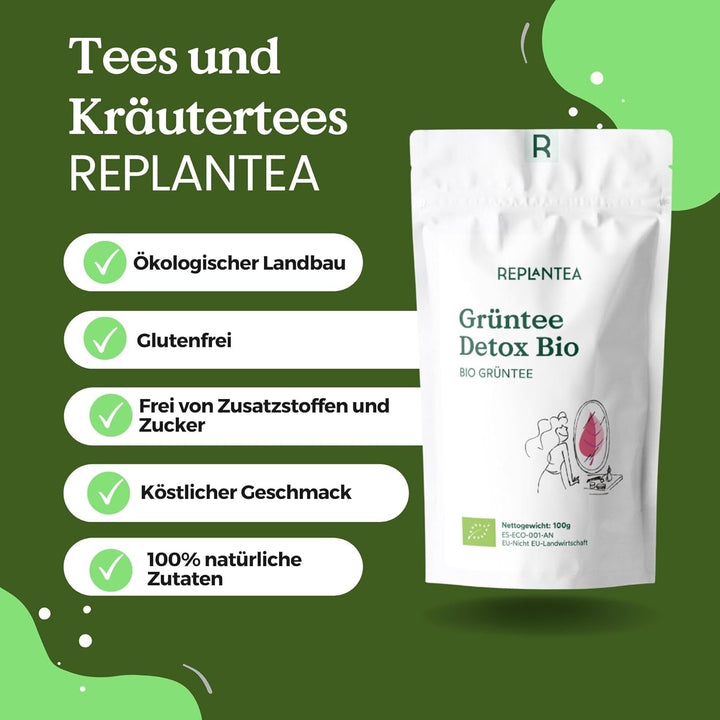 Ceai detoxifiant BIO 100 g (50 cești) | Ceai verde diuretic cu păpădie, fructul pasiunii și cătină REPLANTEA