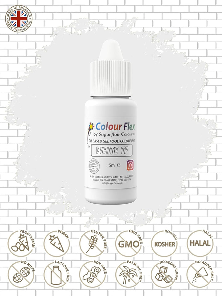 Colorant alimentar pe bază de ulei Sugarflair Colourflex alb, colorant alimentar lichid foarte concentrat, colorant alimentar pentru cremă de unt, ciocolată, aluat, fondant, glazură și multe altele - 15 ml