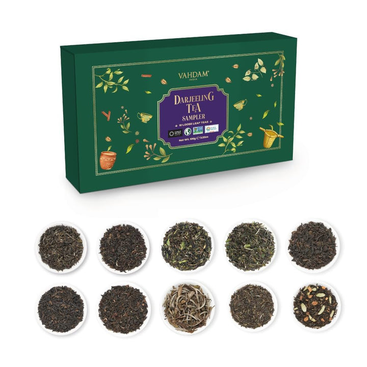 VAHDAM, set cadou cu sortimente de ceai - set de 10 ceaiuri | Ingrediente 100% naturale | Set cadou cu ceai vrac | Ceai negru, ceai verde, ceai Oolong, ceai Chai, ceai alb | Ceai vrac | Set cadou cu set de ceaiuri de probă