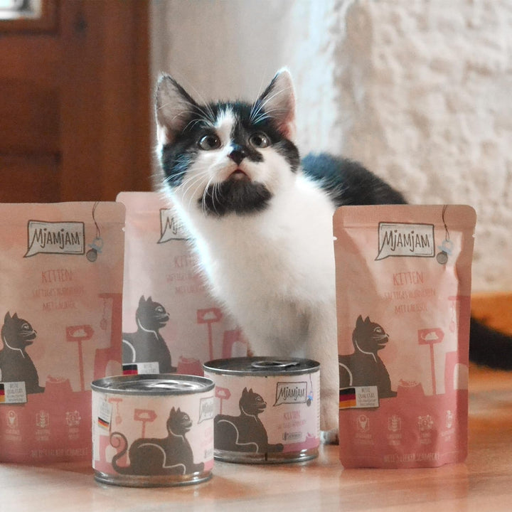 Mjamjam - Hrană umedă premium pentru pisici - Kittenbox - 3X pui cu ulei de somon & 3X vițel cu ulei de somon, pungă de hrană, pix, capac de conservă, 6Pack (6 X 200 G)