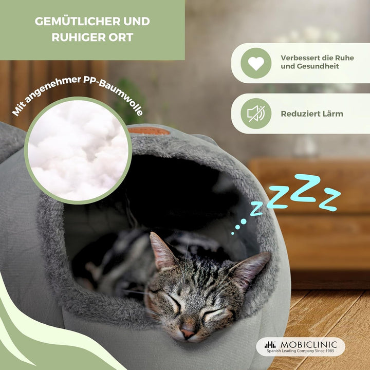 Mobiclinic® Pets, Pat pentru pisici, Cuib tip peșteră, Hellocatty, Lavabil la mașină, Ușor de pliat și depozitat, Antiderapant, Pernă detașabilă confortabilă, Spumă 25D, Design modern