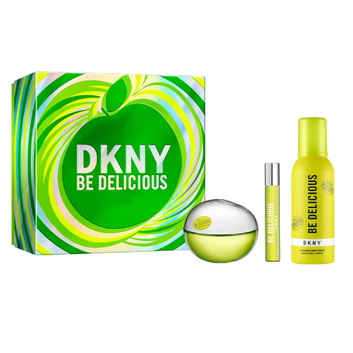 Set cadou DKNY Be Delicious pentru femei - Apă de parfum 100ml, Format călătorie 15ml, Gel de duș 150ml - Parfum fructat verde cu măr, Acțiune de lungă durată