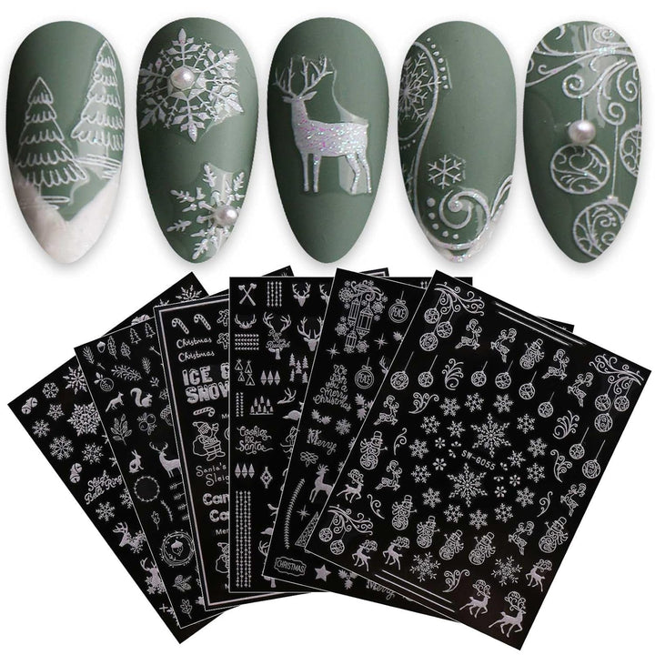 JMEOWIO Nagelsticker Weihnachten 9 Blatt Nail Art Sticker Selbstklebend Nagelaufkleber Schneeflocke Schneemann Festival Weißes Gold Dekoration Nageldesign Zubehör