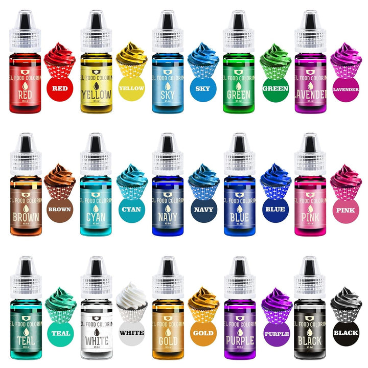 Colorant alimentar cu gel - 16 coloranți alimentari vibranți pentru copt, decorarea torturilor, glazură, fursecuri, fondant și macaroane - Colorant alimentar cu gel pentru fabricarea săpunului și meșteșuguri - 6 ml fiecare
