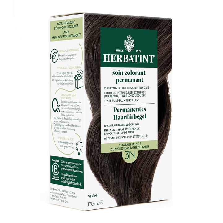 Gel pentru vopsirea permanentă a părului 6N blond închis - 170 ml I Fără amoniac, acoperire 100% a părului gri I Testat pe piele sensibilă, cu 8 extracte de plante Vopsea pentru par Naty Shop 3N Castaniu închis