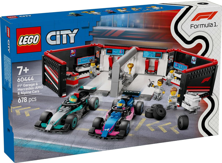 Garaj LEGO City F1 cu mașini de curse Mercedes-Amg și Alpine - Mașină de curse Formula 1 cu 2 piloți și 4 minifigurine mecanice - Cadou pentru băieți și fete 7+ și fani 60444 Seturi de constructie Besuche den LEGO-Store
