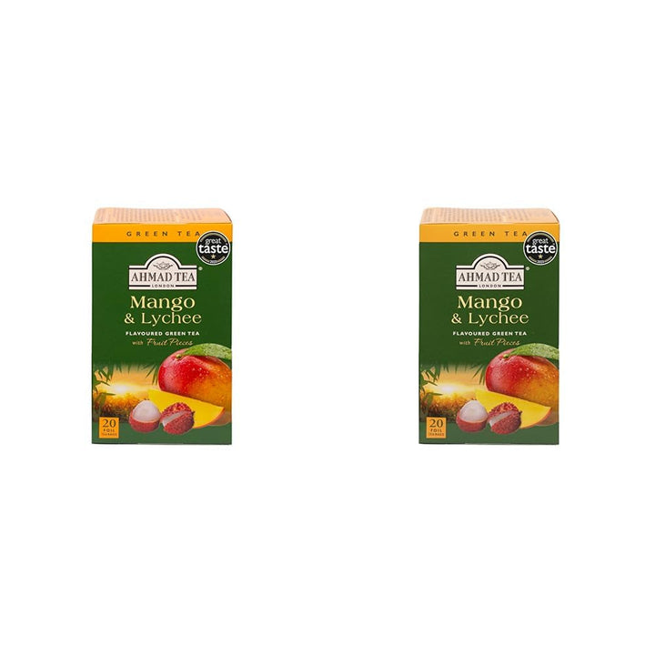 Ahmad Tea - Mango &amp; Lychee - Ceai verde cu mango și litchi - Cu bucăți de fructe - Plicuri de ceai ambalate individual, cu aromă sigilată, cu 2 g de ceai per porție - 20 de pliculețe de ceai cu bandă (pachet cu 2)