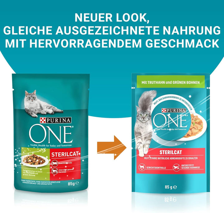 PURINA ONE STERILCAT Hrană umedă pentru pisici, bucăți fragede în sos pentru pisici sterilizate, cu curcan, pachet de 26 (26 X 85G)