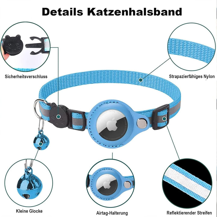 Zgardă pentru pisici Mouyou Airtag, zgardă reflectorizantă din nailon moale cu clopoțel și încuietoare de siguranță, zgardă de urmărire pentru pisici cu suport, husă Airtag reglabilă de la 22-34 cm, albastru