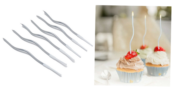 Sada 6 dortových svíček, vlnité, dlouhé, 12 cm, stříbrné