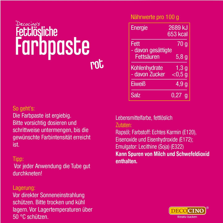 DECOCINO Pastă de colorare liposolubilă roșie - 15 g - Colorant alimentar pe bază de ulei, ideal pentru colorarea ciocolatei, cremei de unt, fondantului sau aluatului de prăjituri (Pachet de 3)