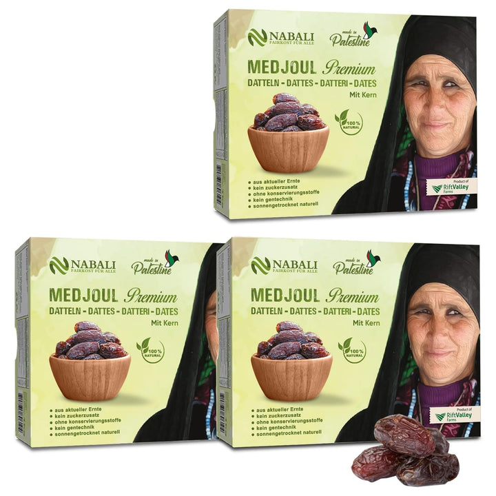 NABALI FAIRKOST FOR ALL Curmale Medjool Medjoul din Palestina - 100% naturale vegan aromate tradiționale proaspete și orientale I fără conservanți 5 kg (1 pachet), Small/Medium Produse deshidratate Naty Shop 1kg (pachet de 3) Mare/Jumbo